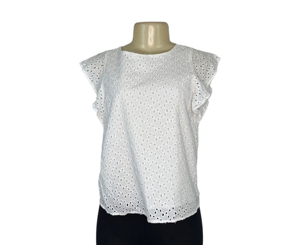 Banana Republic Womens White Eyelet Top With Ruffle Sleeves Sz XSP