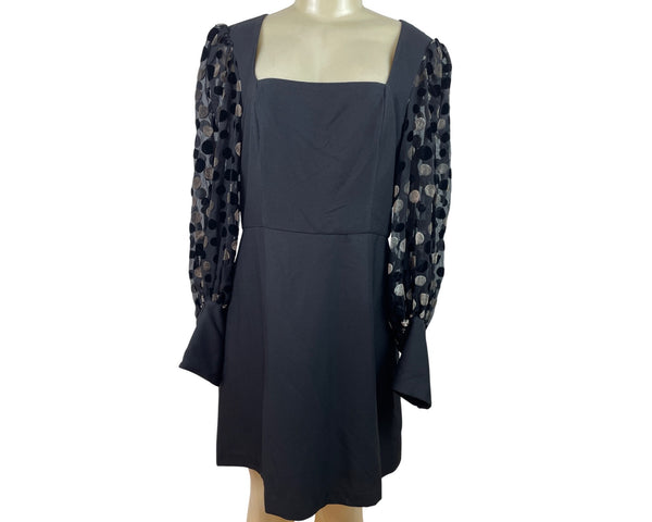 Hutch Black Mini Dress With Sheer Polka Dot Sleeves & Square Neckline Size 14
