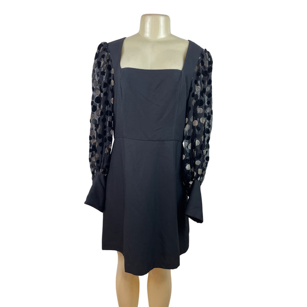 Hutch Black Mini Dress With Sheer Polka Dot Sleeves & Square Neckline Size 14