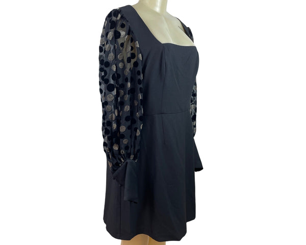 Hutch Black Mini Dress With Sheer Polka Dot Sleeves & Square Neckline Size 14