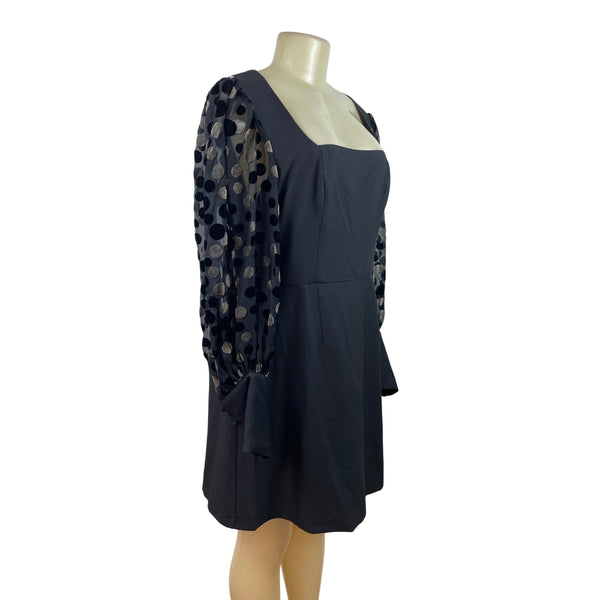 Hutch Black Mini Dress With Sheer Polka Dot Sleeves & Square Neckline Size 14