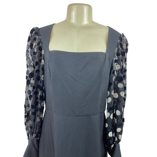 Hutch Black Mini Dress With Sheer Polka Dot Sleeves & Square Neckline Size 14