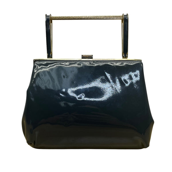 Vintage Black Handbag With Gold Metal Frame & Top Handle Glossy Patent Finish