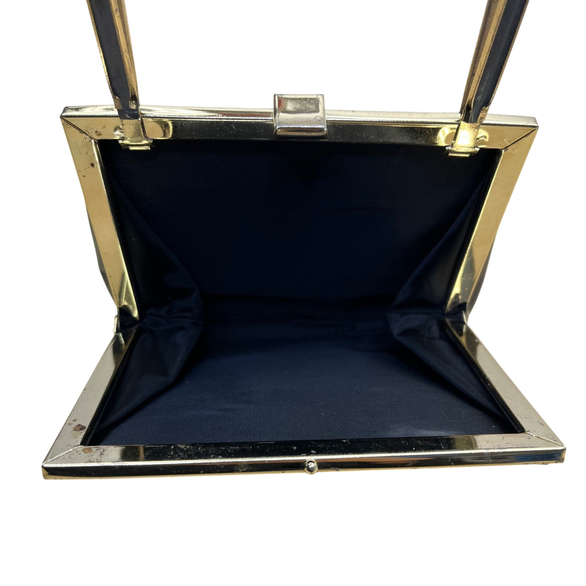 Vintage Black Handbag With Gold Metal Frame & Top Handle Glossy Patent Finish