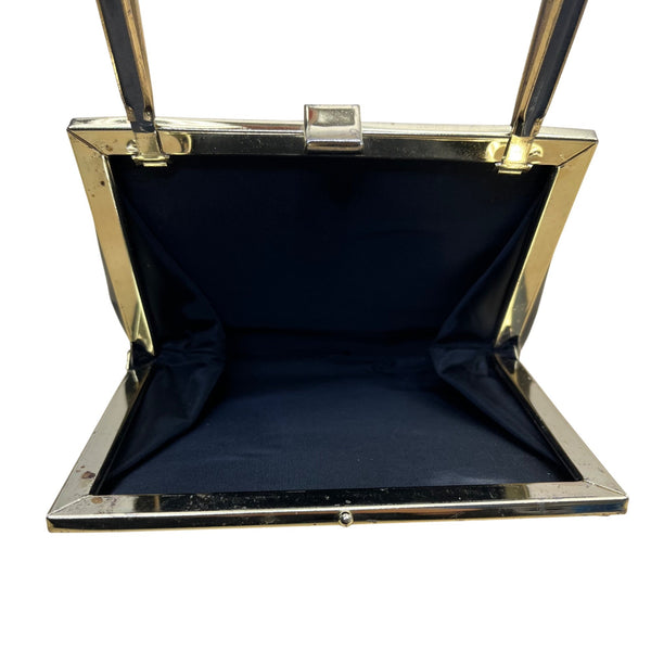 Vintage Black Handbag With Gold Metal Frame & Top Handle Glossy Patent Finish