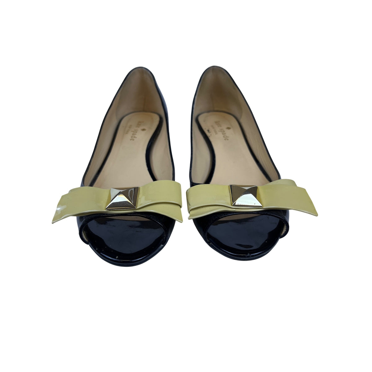 Kate Spade Women Black & Light Green Patent Leather Bow Open-Toe Wedges Size 5B