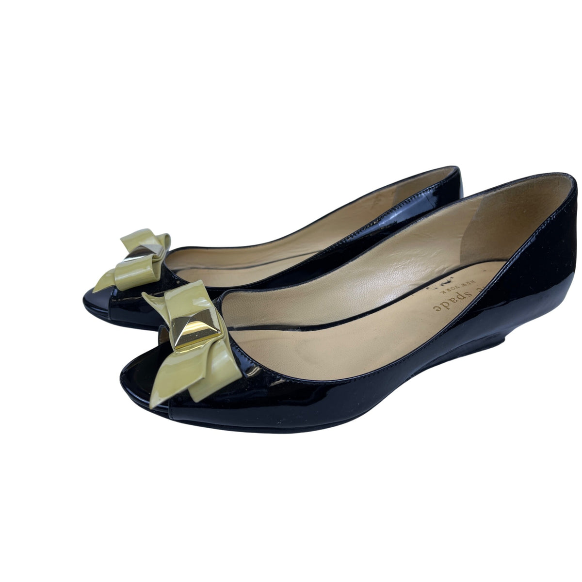 Kate Spade Women Black & Light Green Patent Leather Bow Open-Toe Wedges Size 5B