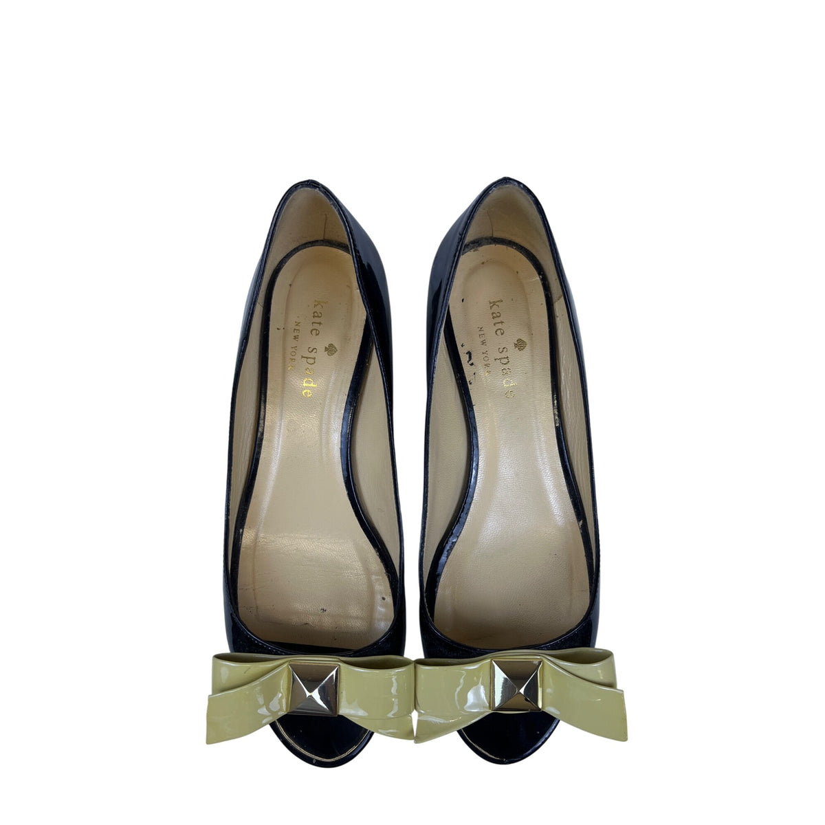 Kate Spade Women Black & Light Green Patent Leather Bow Open-Toe Wedges Size 5B