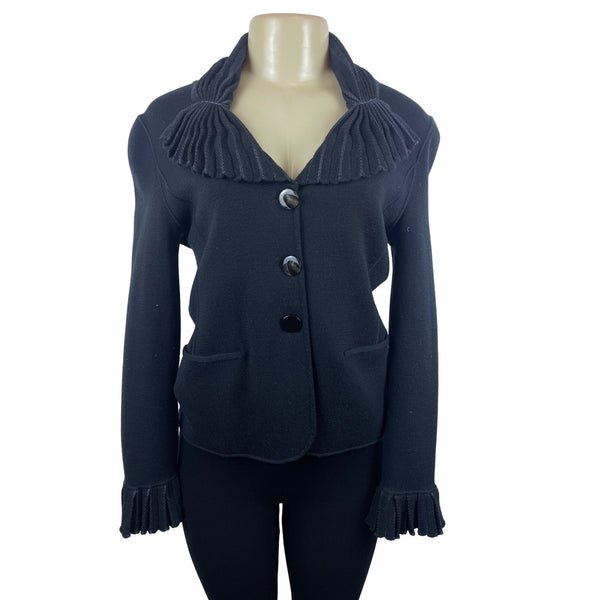Womens Black  Jacket Sz 6 W Pleated Collar & Cuffs Button Closure