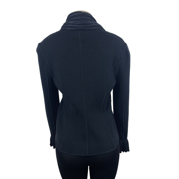 Womens Black  Jacket Sz 6 W Pleated Collar & Cuffs Button Closure