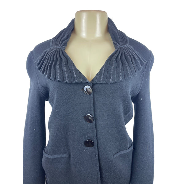Womens Black  Jacket Sz 6 W Pleated Collar & Cuffs Button Closure