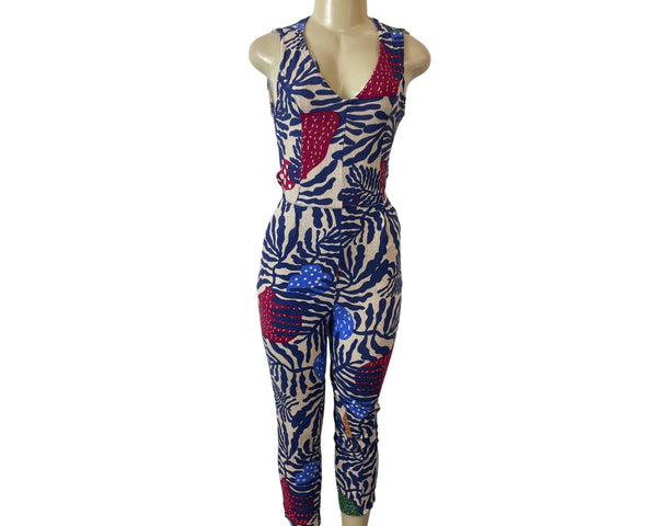 Can Tao Multicolor Sleeveless Sz XS/S Button-Up on Back Waist Tie Women Jumpsuit