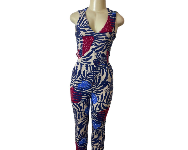 Can Tao Multicolor Sleeveless Sz XS/S Button-Up on Back Waist Tie Women Jumpsuit
