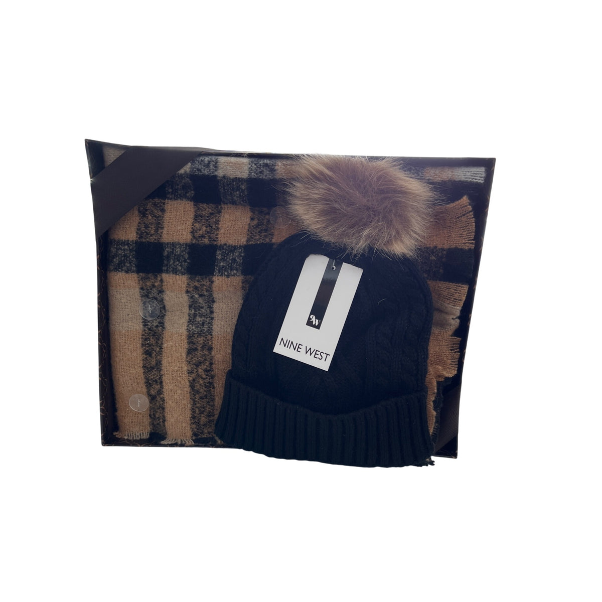 Nine West Womens Black Tan Acrylic Scarf & Faux Fur Pom Beanie Winter Gift Set NIB
