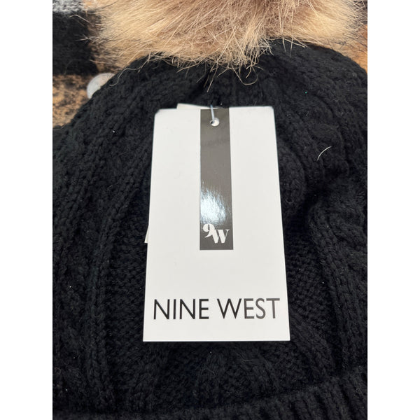 Nine West Womens Black Tan Acrylic Scarf & Faux Fur Pom Beanie Winter Gift Set NIB