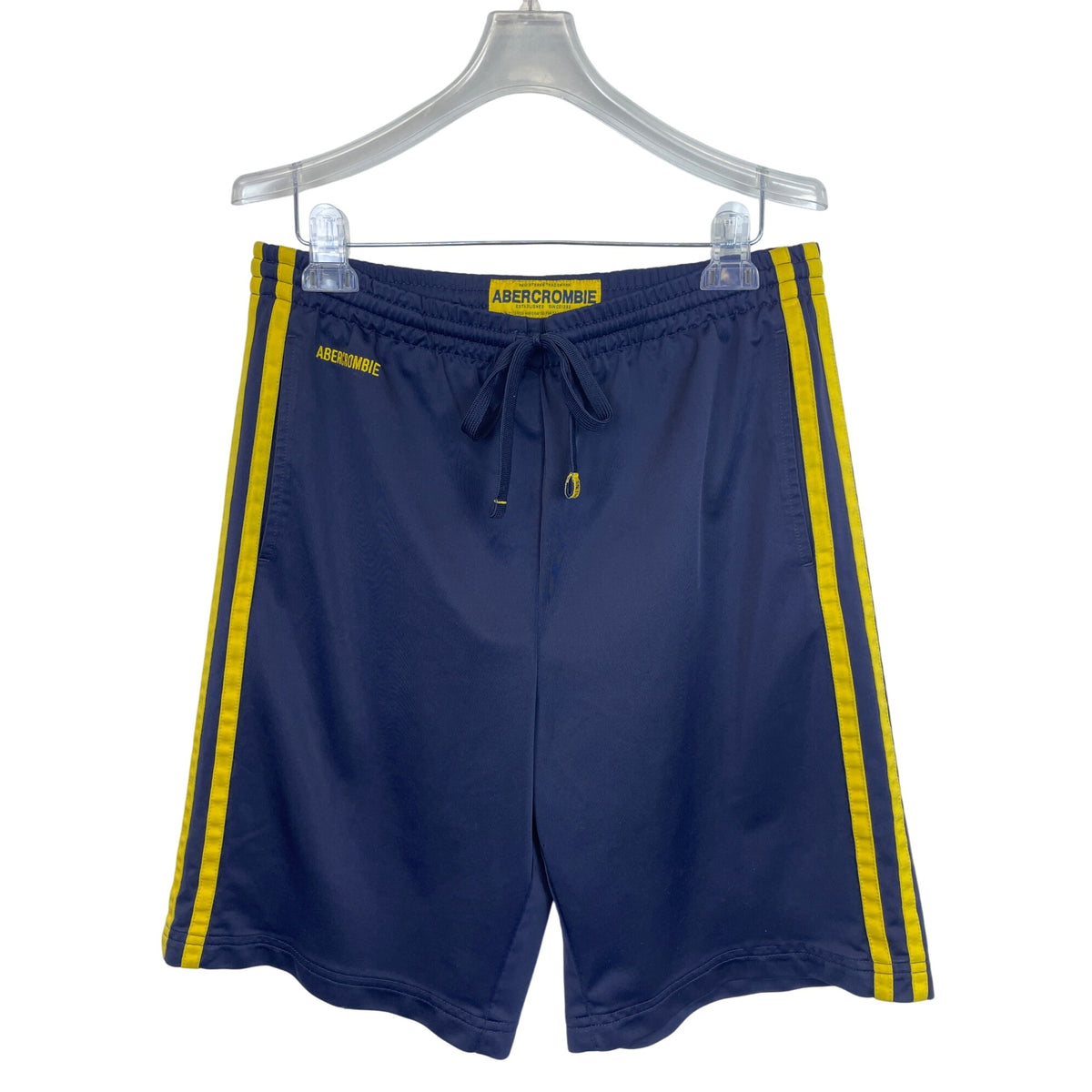 Abercrombie Mens Navy/Yellow Drawstring Athletic Shorts W/Side Stripes Casual Durable L
