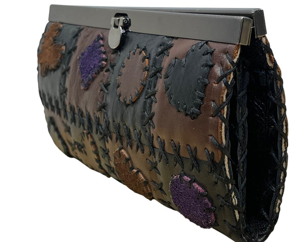 Vintage Patchwork Leather Clutch Purse Multicolor Design with Metal Closure