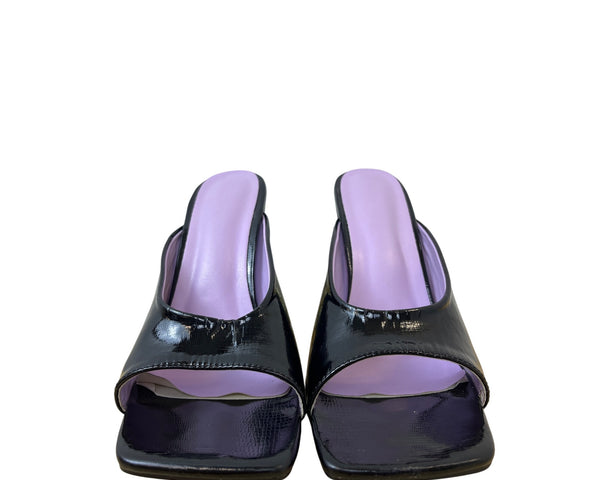 Black Womens Slip-On Gold Heel Square Toe Mules With Lavender Cushion Insole Size