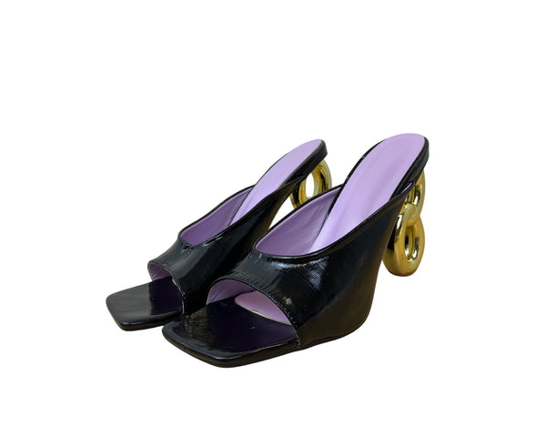 Black Womens Slip-On Gold Heel Square Toe Mules With Lavender Cushion Insole Size