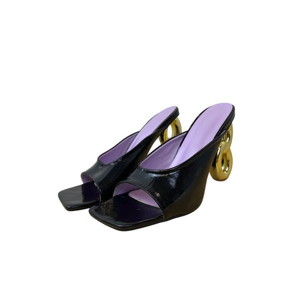 Black Womens Slip-On Gold Heel Square Toe Mules With Lavender Cushion Insole Size