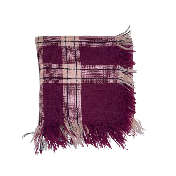 Plaid Womens Burgundy & Pink Fringed Woven Scarf Wool Blend Lightweight Fall