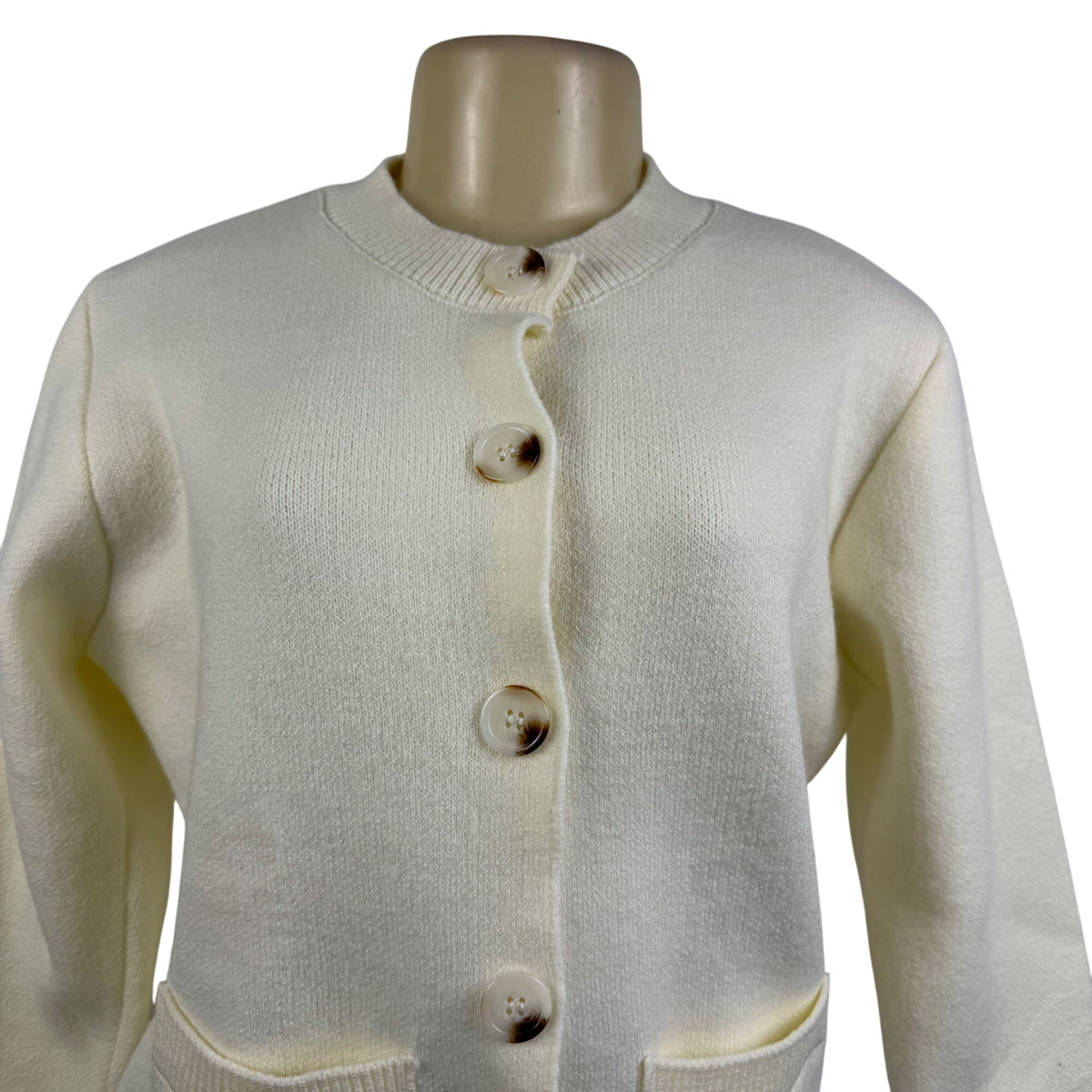 Womens Cream Button-Up Cardigan Sweater Long Sleeve Lightweight Knitted