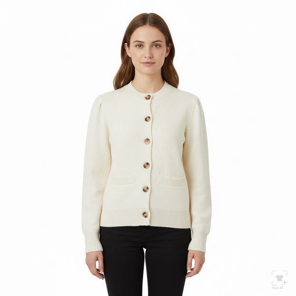 Womens Cream Button-Up Cardigan Sweater Long Sleeve Lightweight Knitted