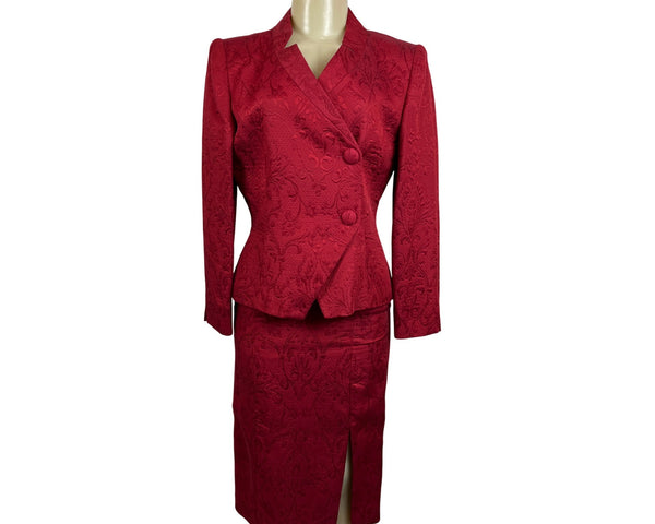 Vtg Women's Red Floral Skirt and Collarless Blazer Suit Sz 6