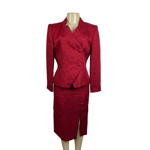 Vtg Women's Red Floral Skirt and Collarless Blazer Suit Sz 6