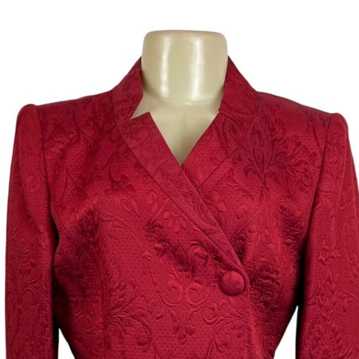 Vtg Women's Red Floral Skirt and Collarless Blazer Suit Sz 6