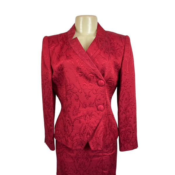 Vtg Women's Red Floral Skirt and Collarless Blazer Suit Sz 6