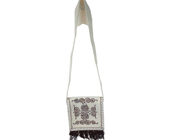Handmade Cream & Brown Embroidered With Fringe In Women’s Crossbody Bag Sz M