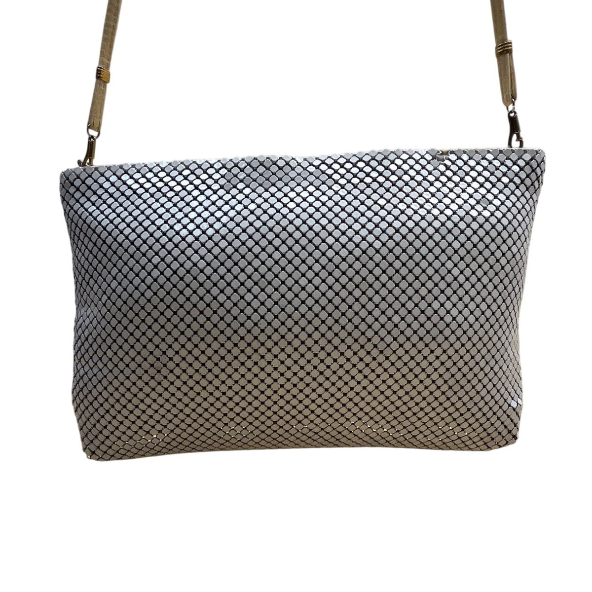 Whiting & Davis White Metallic Mesh Gold Chain Detail Zip Evening Shoulder Bag