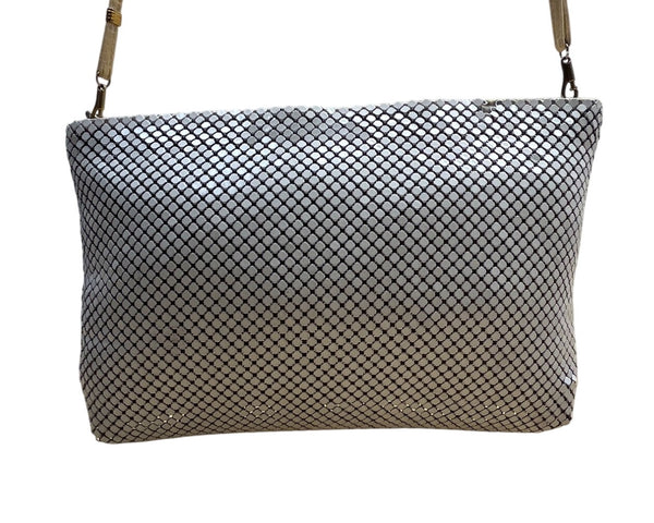 Whiting & Davis White Metallic Mesh Gold Chain Detail Zip Evening Shoulder Bag