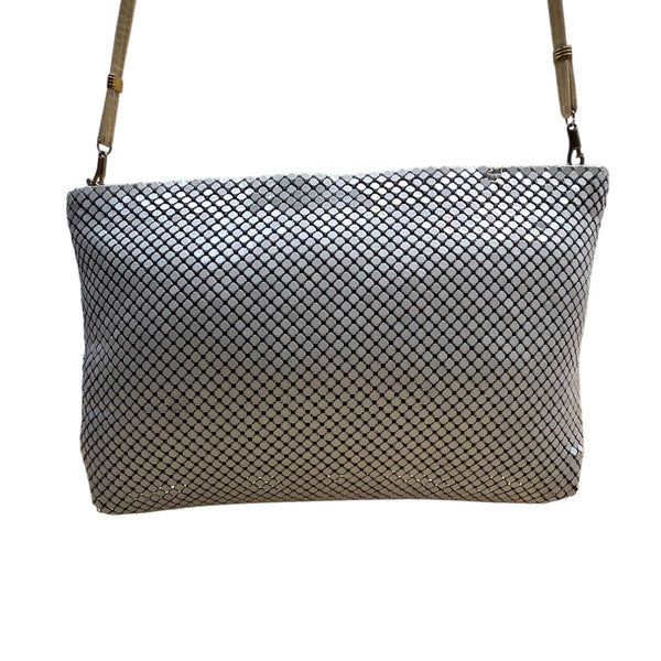 Whiting & Davis White Metallic Mesh Gold Chain Detail Zip Evening Shoulder Bag