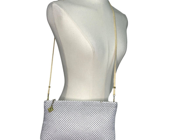 Whiting & Davis White Metallic Mesh Gold Chain Detail Zip Evening Shoulder Bag