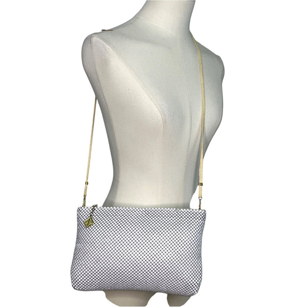 Whiting & Davis White Metallic Mesh Gold Chain Detail Zip Evening Shoulder Bag