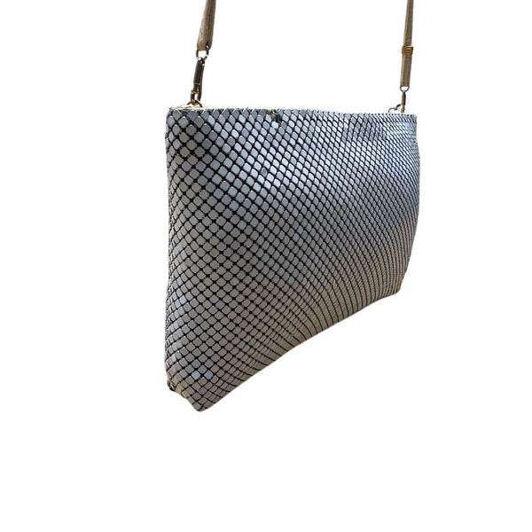 Whiting & Davis White Metallic Mesh Gold Chain Detail Zip Evening Shoulder Bag