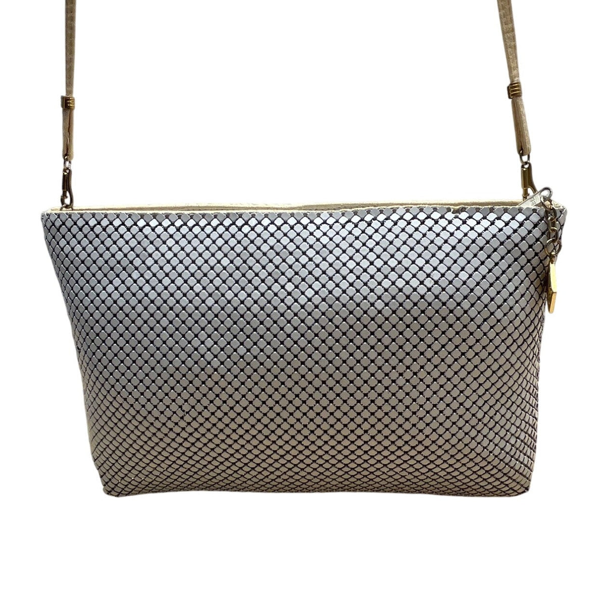 Whiting & Davis White Metallic Mesh Gold Chain Detail Zip Evening Shoulder Bag