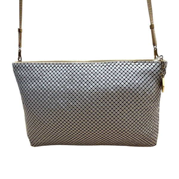 Whiting & Davis White Metallic Mesh Gold Chain Detail Zip Evening Shoulder Bag