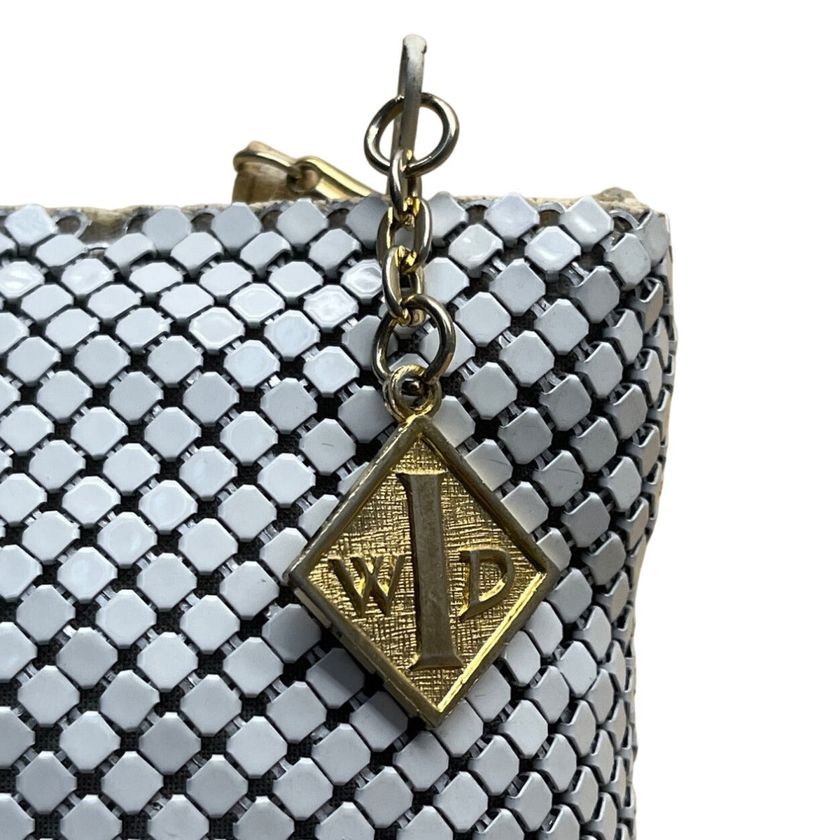 Whiting & Davis White Metallic Mesh Gold Chain Detail Zip Evening Shoulder Bag