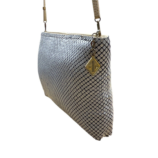 Whiting & Davis White Metallic Mesh Gold Chain Detail Zip Evening Shoulder Bag