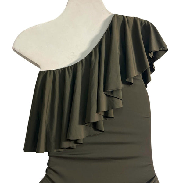 So De Mel Olive Green Maillot Maiorca Ruffle One-Piece Swimsuit Sz L/G