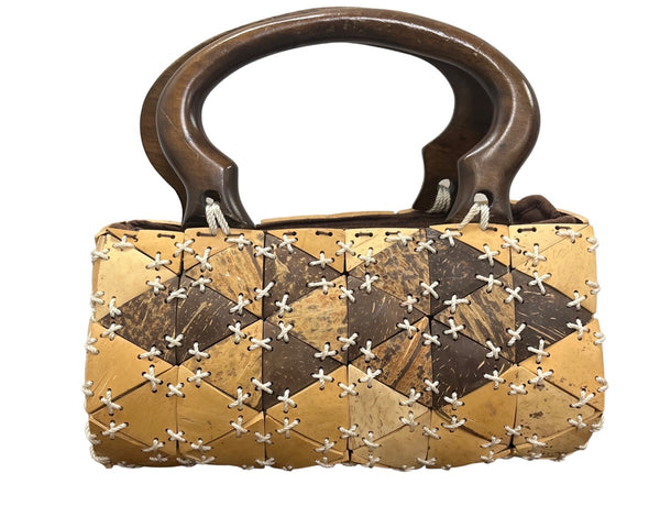 Hand Crafted Women Beige and Brown Wooden Handles Coconut Shell Clutch Bag Sz M