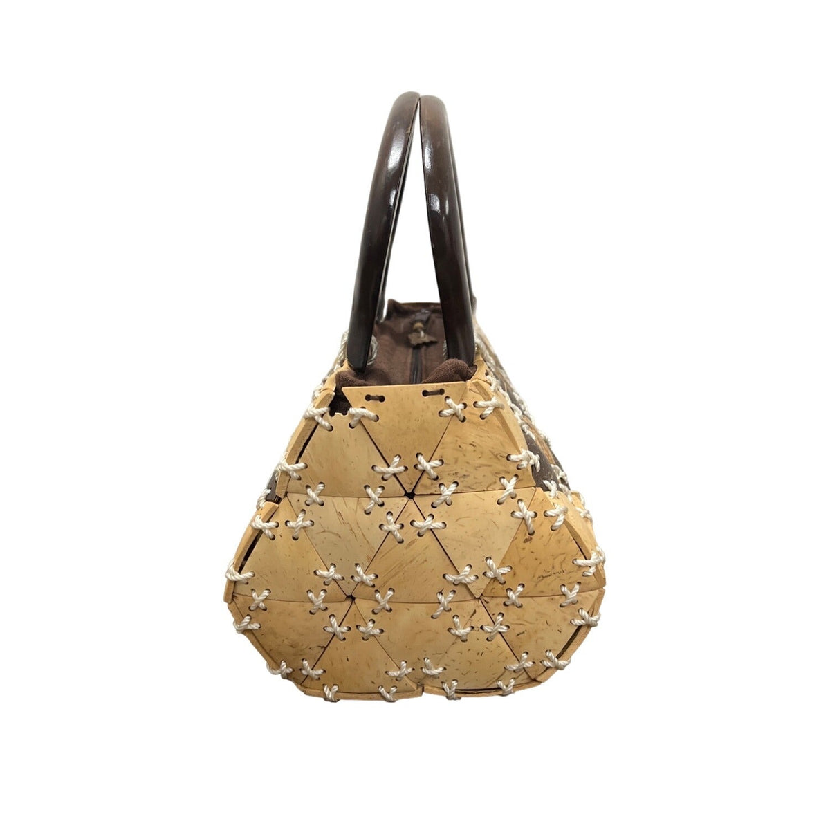 Hand Crafted Women Beige and Brown Wooden Handles Coconut Shell Clutch Bag Sz M