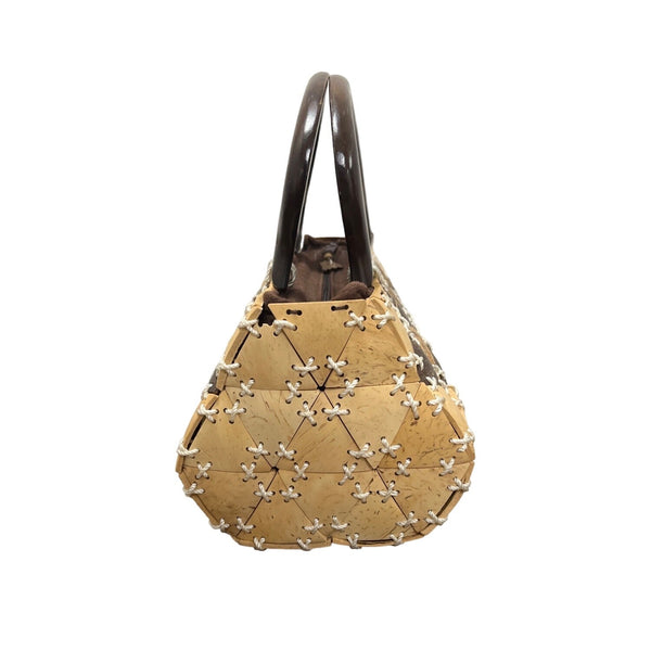 Hand Crafted Women Beige and Brown Wooden Handles Coconut Shell Clutch Bag Sz M