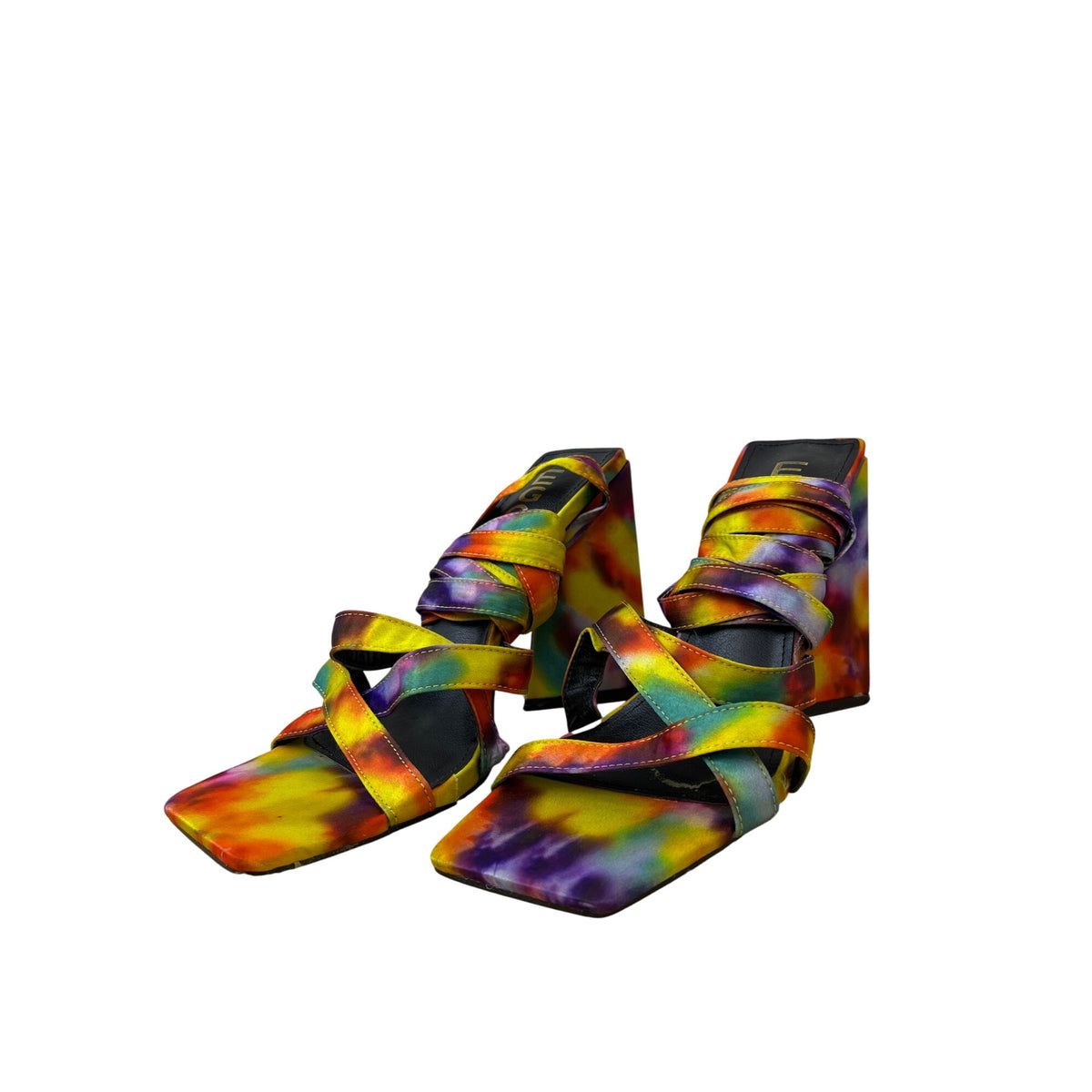 Multicolor Womens Tie-Dye Strappy Square-Toe Heels Size 8 Statement Block Wedge Sandals