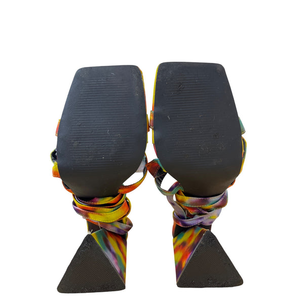 Multicolor Womens Tie-Dye Strappy Square-Toe Heels Size 8 Statement Block Wedge Sandals