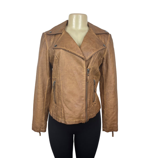 Max Studio Women's Brown Faux Leather Washed Moto Jacket Sz S