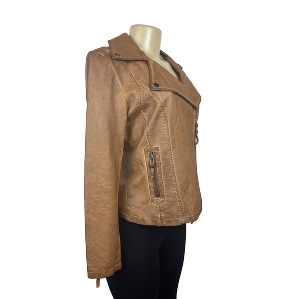 Max Studio Women's Brown Faux Leather Washed Moto Jacket Sz S